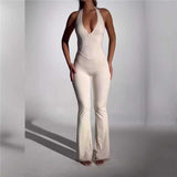 Fongt Summer New Solid Color Low Chest U-Neck Elastic Tights Sexy Sleeveless Jumpsuit