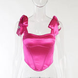 Red Satin Fashion Tie Up Strap Sexy Backless Crop Tops for Women Sleeveless Club Party Boned Corset Tube Top Crop