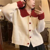 Fashion Sweet Cardigan Women Chic Peter Pan Collar Heart Button Hit Color Long Sleeve Knitted Sweater Coat Cute Loose Top-Outfit