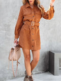 Turn Down Collar Corduroy Dress Femme Mini Outdoor Solid Dress With Belt Casual Long Sleeve Button Patchwork Loose