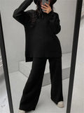 Women Knitted Suit Warm Solid Split Pullovers and Wide Pants Two-piece Suit Female Half Turtleneck Oversize Tracksuit-Outfit