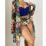 Fongt New Sexy Bikini Mesh Three-Piece Set Gathered Print Split Swimsuit