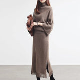 Sweater Skirt Two Pieces Suits Women Autumn Winter 2022Elegant Loose Knit Pullover+Side Split Midi Fringed Skirts
