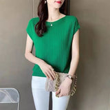 Fongt Temperament Bat Sleeve Short-Sleeved T-Shirt For Women's 2024 Summer Wear New Black Ice Silk Knitted Shirt Loose Word Collar
