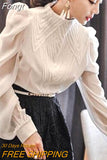 Autumn Korean Style Chiffon Shirt Chic Elegant Multi-layer Pleated Stand Collar Blouse Women Puff Sleeve Sunscreen Top