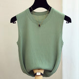 New Fashion Female Sleeveless Casual Thin Tops Ice Silk Knitted Vests Women Tops O-neck Solid Tank White Black Tops