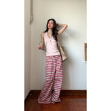 Fongt And Languid Temperament Short-Sleeved Top High Waist With Loose Pink Striped Broad Leg Trousers Set