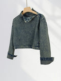 Fongt Cool Waste Rustic Denim Coat Female Retro Wash Do Old Standing Collar Hottie Short Denim Jacket Motorcycle Suit-Outfit