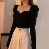 Elegant Shirts Women Puff Sleeve Square Collar Blouses Office Lady Korean Autumn Black Chic Slim Casual All Match Tops-Outfit