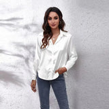 New Loose Long-Sleeved Blouse Simple V-Neck Cardigan Shirt Button Blouse Solid Color-Outfit