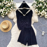 Fongt Fashion Set Women's Summer Design Three-Dimensional Relief Hooded Sleeveless Knitted Tops High Waist Broad Leg Shorts