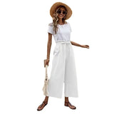 Fongt New Women's Summer Loose Waist Solid Cotton Belt Broad Leg Pants Loose Nine-Point Trousers Women