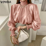 Elegant Turtleneck Blouse Casual Long Flare Sleeve Solid Color Tops 2022 VONDA Female Bohemian Blusas