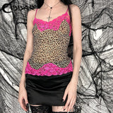 Leopard Print Strap Top Contrast Chic Lace Patchwork Cropped Tops Women Casual Street Style Tees Summer Grunge y2k Camis-Outfit