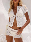 Fongt Spring And Summer New Women's Shawl Short Hollow Knitted V-Necked Shirt Shorts Lace