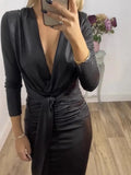 Fongt Women's Autumn And Winter Sexy V-Neck Dress Solid Hot Gold Tight-Body Ass 8088