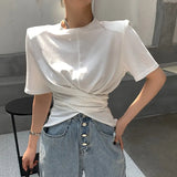 Casual Ruched Irregular T Shirt For Women O Neck Short Sleeve Solid T Shirts Females Summer Fashion 2021