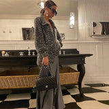 Fongt New Fashion Solid Color Lapel Heavy Industry Sequins Lazy Wind Sweater Coat-Outfit