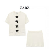 Fongt Homemade New Women's Bow Trim With Short-Sleeved Knit Coat Knitted Miniskirt