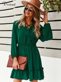 Summer Dress For Women 2022 Sexy V-Neck Solid Dress Ruffle Long Sleeve A Line Elegant Mini Dress Casual Female