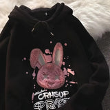Kawaii Harajuku Pink Cartoon Rabbit Print Oversize Hoodies Women Gothic Black Long Sleeve Pullover Female