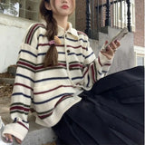 Fongt 2024 South Korean Autumn And Winter New Loose Lazy Wind Lapel Shows Thin Knit Cardigan Striped Coat Jacket Female-Outfit