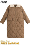 Collar Oversize Rhombus Pattern Long Parkas Pocket Female Warm Long Cotton Overcoat Single