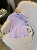 Chinese Style Blouse Purple Improved Cheongsam Blouse Women's 2024 New Summer Lady Button Short-Sleeved Shirt-Outfit