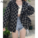 Autumn Black Denim Coat Women Korean New Chessboard Checker Casual Loose Retro Blue Jacket Top Woman High Street