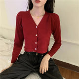 Women V-Neck Knitted Casual Short Sweaters Cardigans Lady Full Sleeve Thin Cardigan Outwear Crop Top for Female-Outfit