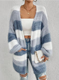 Fongt And Winter Women's New Knitted Plush Coat Long Striped Open Shirt