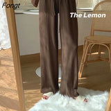 Pants Women Wide Leg High Waist Solid Loose Students Trousers Spring Autumn Pleated Drawstring All-match Korean