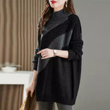 Diamonds Knitted Sweaters Autumn Winter Korean Loose Women's Clothing Long Sleeve Casual Basic Half High Collar Jumpers-Outfit
