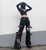Ribbon Patchwork Punk Black Y2K Pants Women Printed Streetwear Hippie Cargo Pants Baggy Grunge Goth Zipper Hip Hop