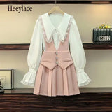 Women Autumn Sweet Straps dress two-piece set Korean Peter Pan Collar White Blouse+Spaghetti Dresses Two Piece