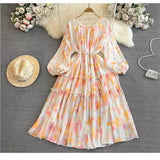 Fongt New Gentle Style Temperament Long-Sleeved Round Recipient Waist Thin Print Chiffon Big Swing Long Dress Woman