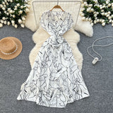 Fongt Summer New Small High-End Sense V-Neck Short-Sleeved Waist Irregular Open-Fork Print Dress Women's Long Dress