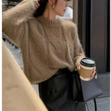 Twist Sweater Women's Winter Korean Gentle Blouse Long Sleeves Loose Thin Round Neck Pullover Knitted Bottom Sweater-Outfit