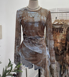 Real Shooting Babes Long Sleeves And Jersey Net Yarn Dye Printing Irregular Lotus Leaf Edge Ribbon Folding Top