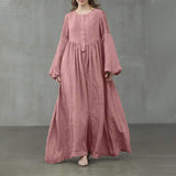 Women Spring Sundress Elegant Pleated Lantern Sleeve Solid Maxi Long Dress Vintage Party Vestido Kaftan Robe