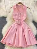 Fongt Denim Dress Design Feeling Hanging Neck Short Small A Word Ponpony Dress 0329