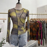 Fongt Sun Dyed Elastic Mesh Yarn T-Shirt Stacked With Long-Sleeved Top Press Line T-Shirt 8980