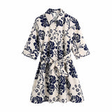 Women Vintage Short Sleeve Floral Print Casual Slim Shirt Dress Female Chic Single Breasted Sashes Mini Vestidos