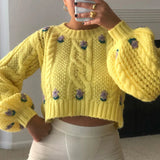 Crochet Women's Cropped Sweater Pullovers Lantern Sleeve Hollow Out Sweaters Female 2021 Autumn Fashion Sweet Office