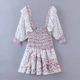 Romantic Printing Heavy Industry Laminated Lotus Leaf Pleated Bubble Sleeve Dress In Spring-Outfit