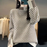 Winter Vintage Knitted Jumpers Casual Half High Collar Spliced Female Clothing Long Sleeve Fashion Asymmetrical Sweaters-Outfit