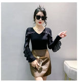 Autumn Ringstones Ruffles Long Sleeve Mesh T-shirt Tee New Female Round Collar Sheath Tops T-shirts for women-Outfit