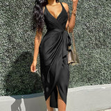 Women Sexy Straps Deep V Neck Dress 2022 Elegant Summer Solid Satin Midi Sundress Casual Lace Up Party Vestido Sarafans