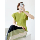 Fongt Folded Summer Korean Version Of The Shape Of The Round Collar Folded Short-Sleeved T-Shirt For Women's Relaxed Leisure Pure Color Tops