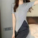 Fongt Summer Wear New Net Red Ins Super Fire Slim Versatile Side Slit Black Short-Sleeved T-Shirt Women's Chic Top